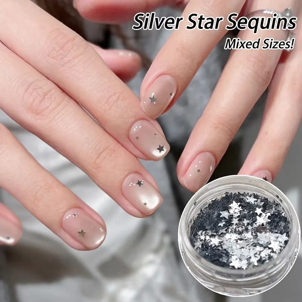 1 Box 3D Mini Nail Art Charms Stern-Paillettenflocken Silberglänzende Accessoires für Maniküre – Detail 2
