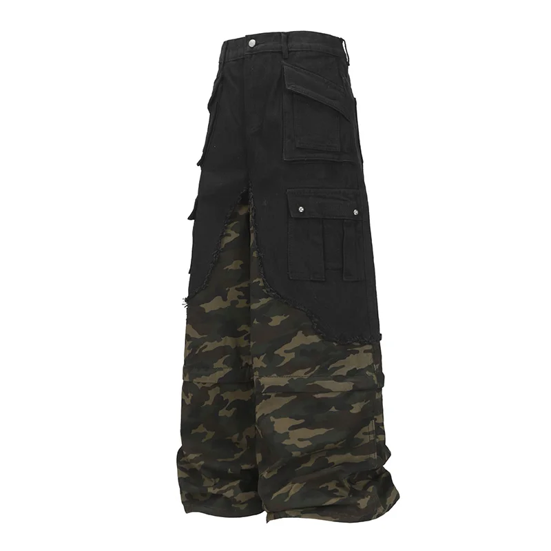 

Hi Street Cargo Camouflage Jeans Pants Detachable Baggy Casual Denim Trousers For Male Patchwork