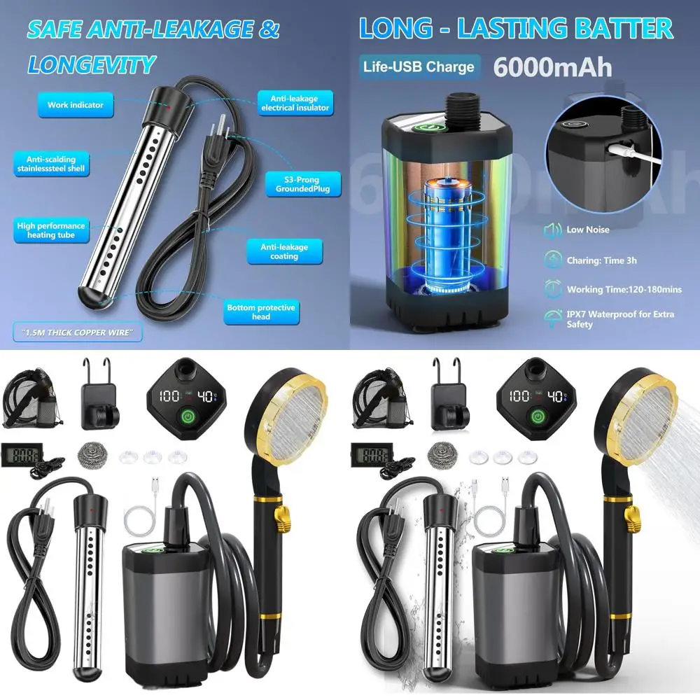 

Портативный погружной душ для кемпинга, 6000 мАч, перезаряжаемый, с LED-дисплеем, идеально подходит для активного отдыха, походов, путешествий, домашних животных и автомобиля