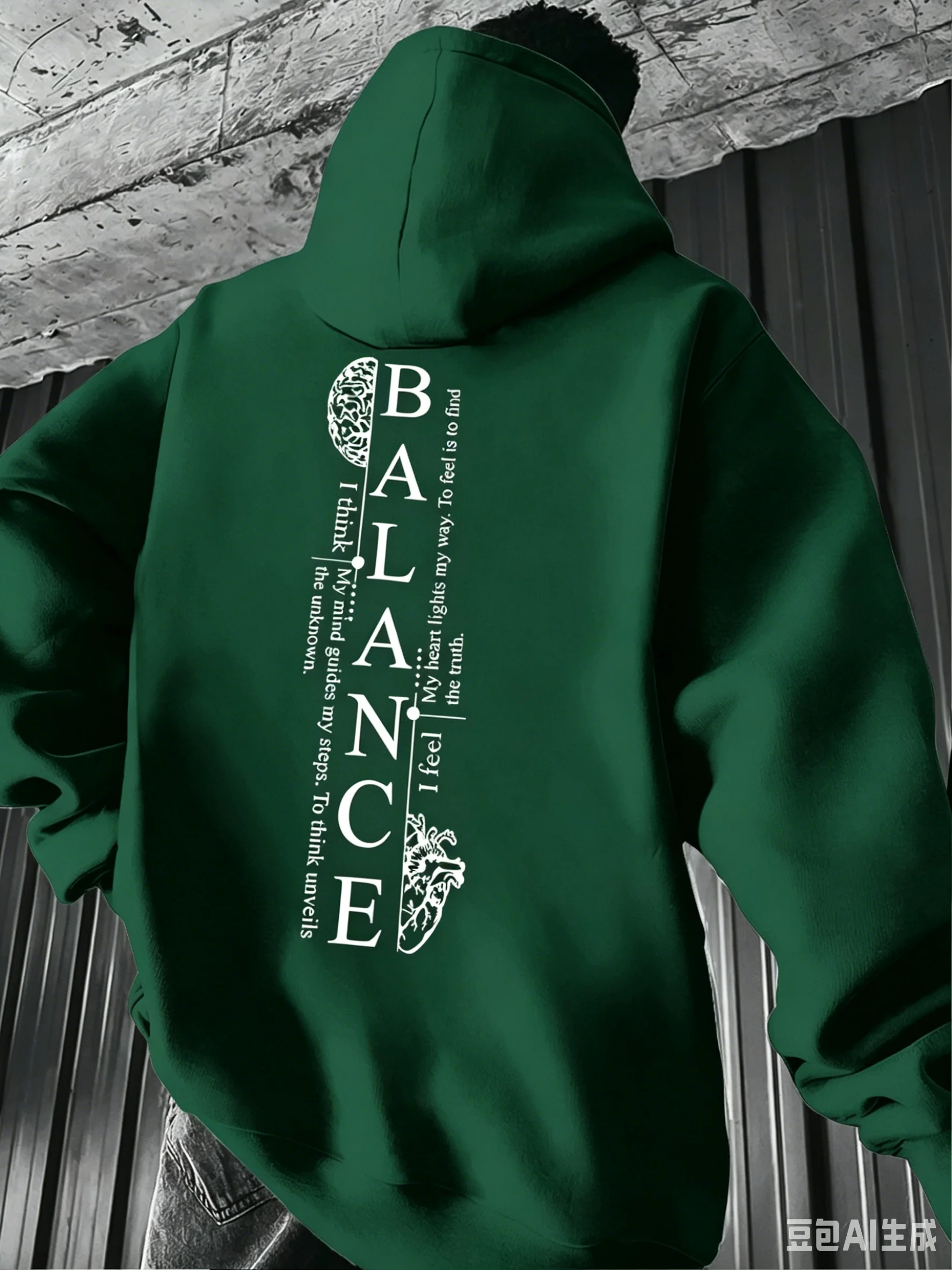 Neuer Hoodie für Herren mit Vertikalem Textdruck 'Balance Brain & Heart', Lässiger Street-Style Pullover für Herbst und Winter, Kapuzen-Sweatshirt – Detail 4