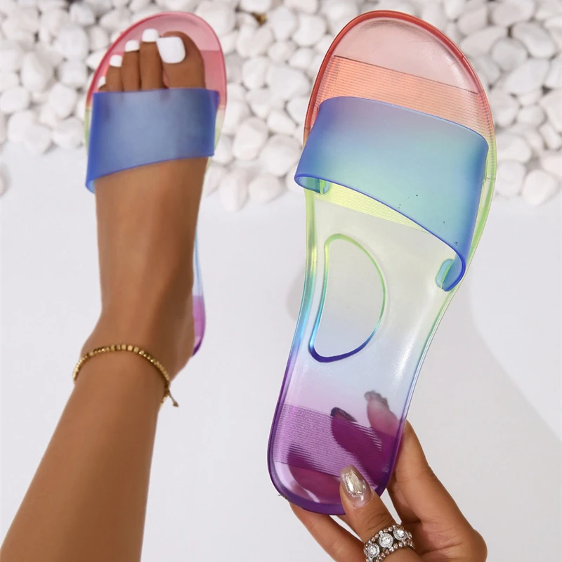 New Summer Style Fashionable and Comfortable Transparent Seaside Jelly Soft-soled Shoes One-word Wet Rubber Jelly Sandals