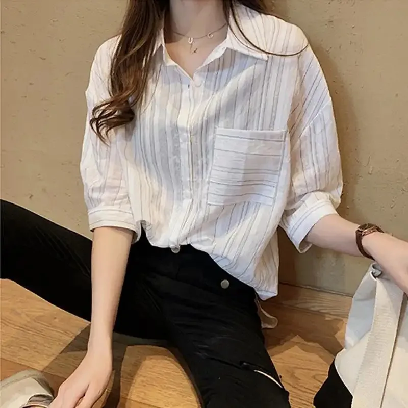 Women's Plus Size Vertical Stripe Mid-length Shirt Elbow Sleeve Loose Fit Casual Blouse