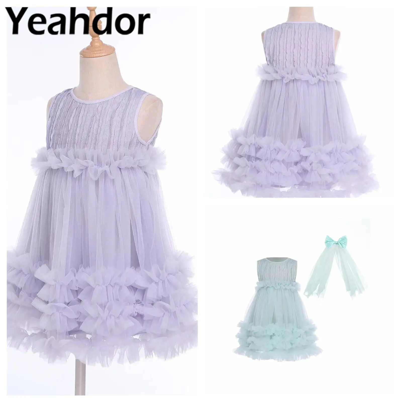 

Wedding Party Dress Flower Girl Clothes Girls Tutu Birthday Princess Dresses with Bowknot Veil for Special Occassional Ball Gown