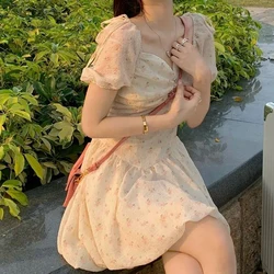 Women Summer Ruched Floral Print Lace-up Sweet Chic A Line Beach Dresses Female Casual V Neck Short Sleeve Slim Fairy Midi Dress