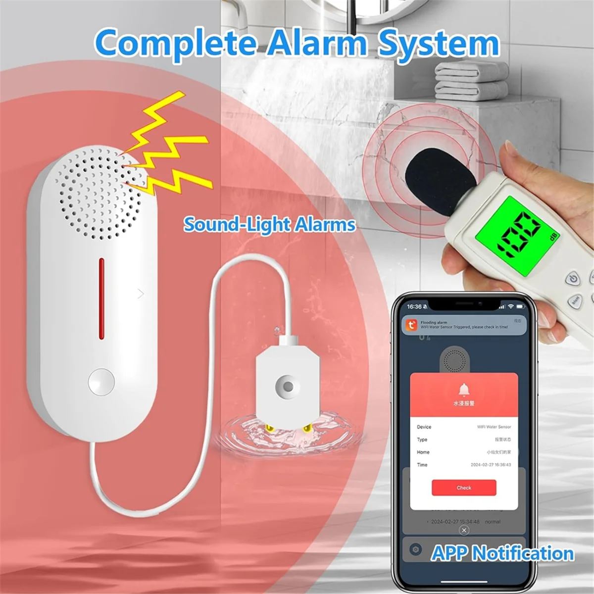 AT42 Water Alarm Leak Detector,Wireless Tank Level Monitor with 100db Sound Light Alarm,App Alert & Monitor-Water Leak Sensor