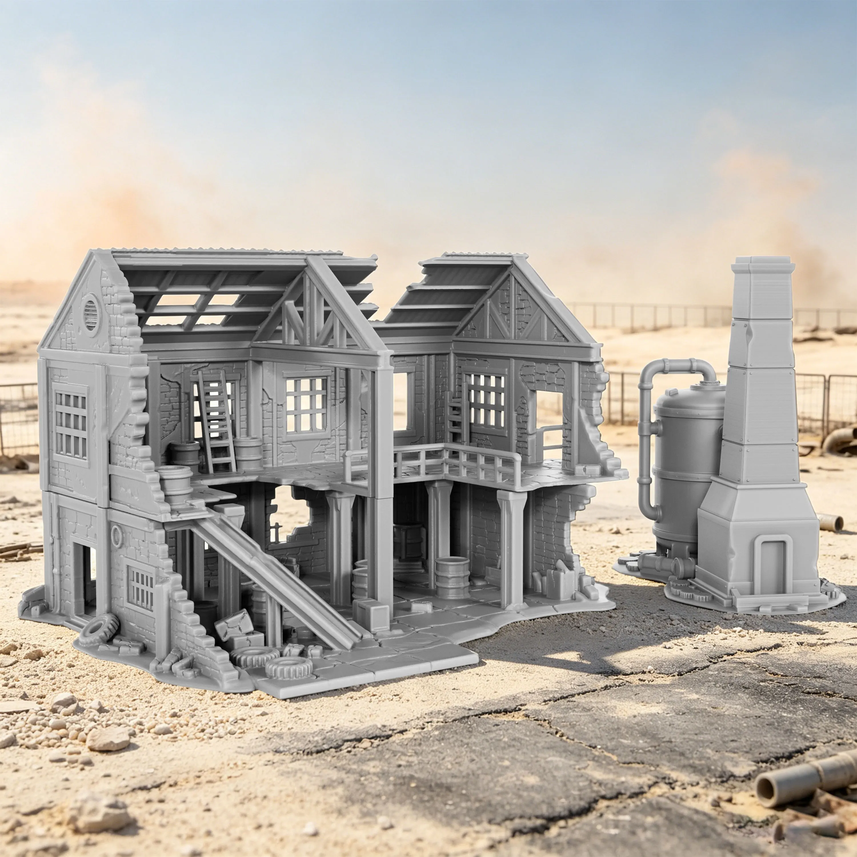 28mm Ruined Factory Miniature Model Set, Tabletop RPG Scenery Building, Industrial Abandoned Workshop Ruins Terrain for TTRPGs