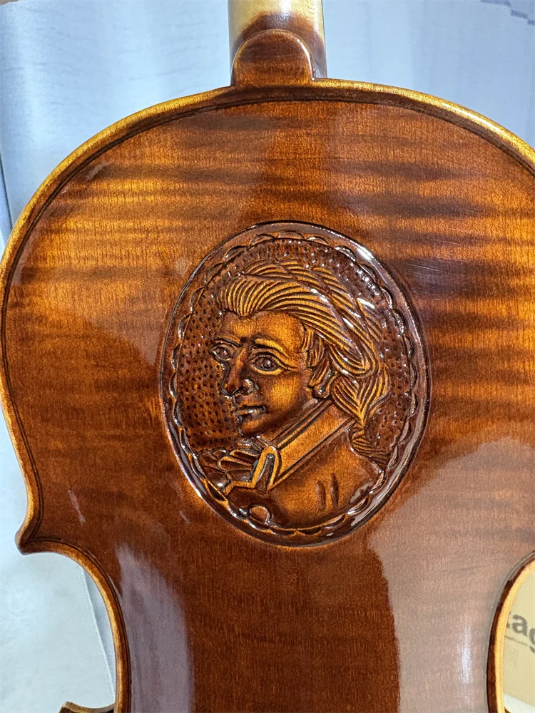 كمان موزارت منحوت يدويًا من خشب القيقب الخلفي قطعة واحدة - 4/4 مقاس - شاشة عرض حقيقية #3