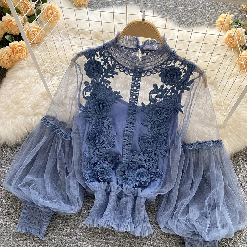 Women Vintage Mesh Shirts Elegant 3D Floral Long Puff Sleeve Blouse See Through Sheer Tops With Tank Tops Lace Bottoming Shirts