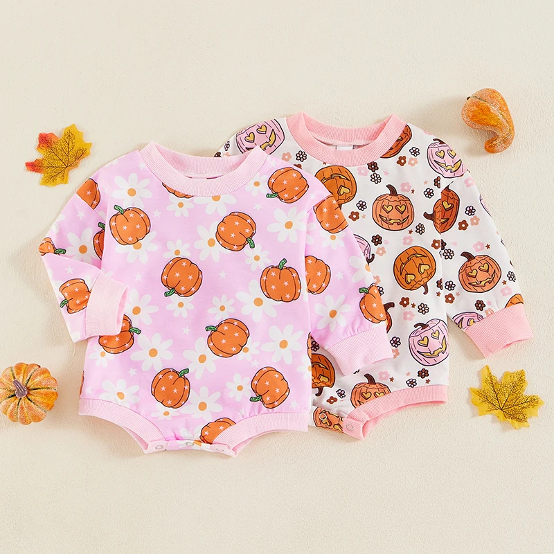 

2024-06-18 Lioraitiin Baby Girls Halloween Casual Romper Long Sleeve O Neck Pumpkin Print Loose Romper