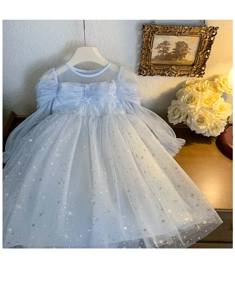 Kid Girl Light Blue Princess Dress Off Shoulder Puff Sleeves Sparkling Sequin Bodice Dreamy Star Sprinkled Tulle children Skirt