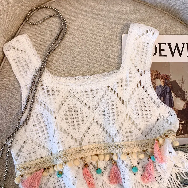بروتيل بوهيمي منسوج للنساء ، توب قصير من الكروشيه ، شرابة مجوفة ، طراز عرقي ، صناعة ثقيلة ، جديد ، صيف