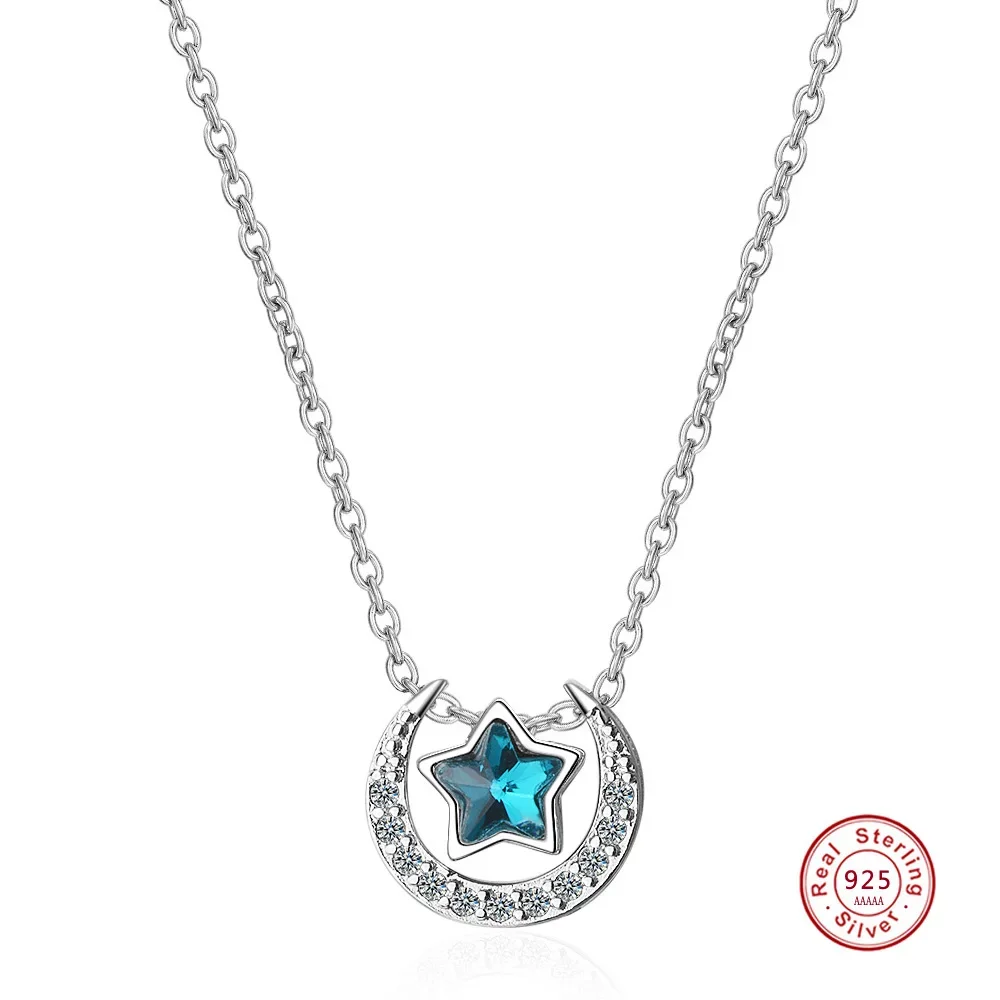 

100% Real 925 Silver Pendants& Necklaces Shiny AAA Cubic Zircon Star Moon Shape Women Wedding Jewelry With S Stamp