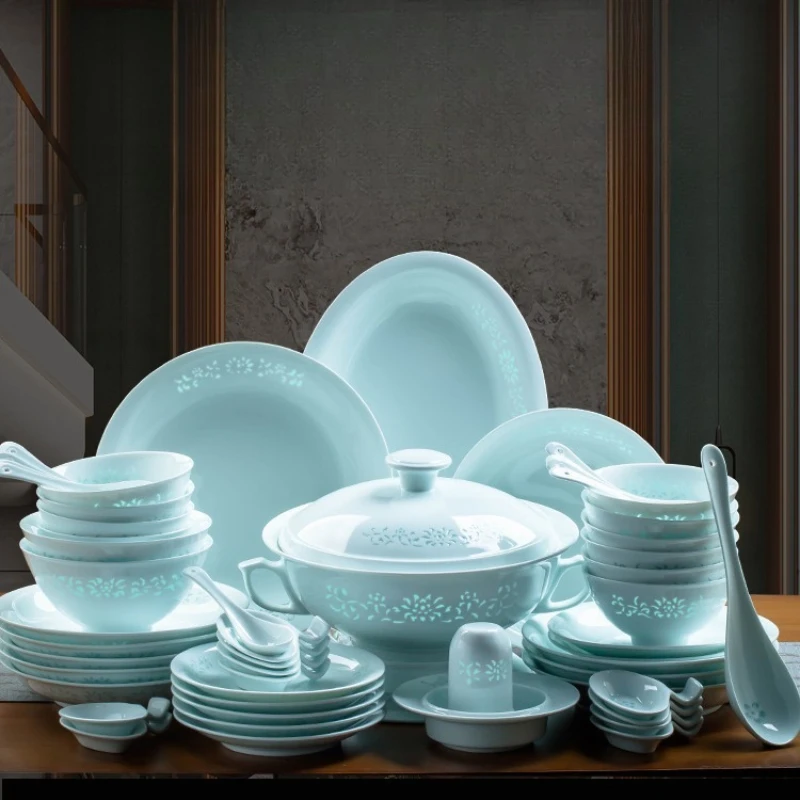

Jingdezhen high temperature porcelain tableware set, exquisite Chinese style, shadow blue glaze, household dishes