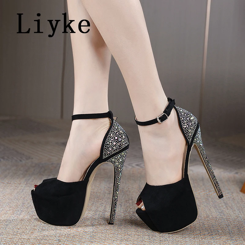 Liyke Runway Style Rhinestones Women Super High Heels Sexy Sandals Open Toe Ankle Buckle Strap Platform Shoes Stiletto Mujer