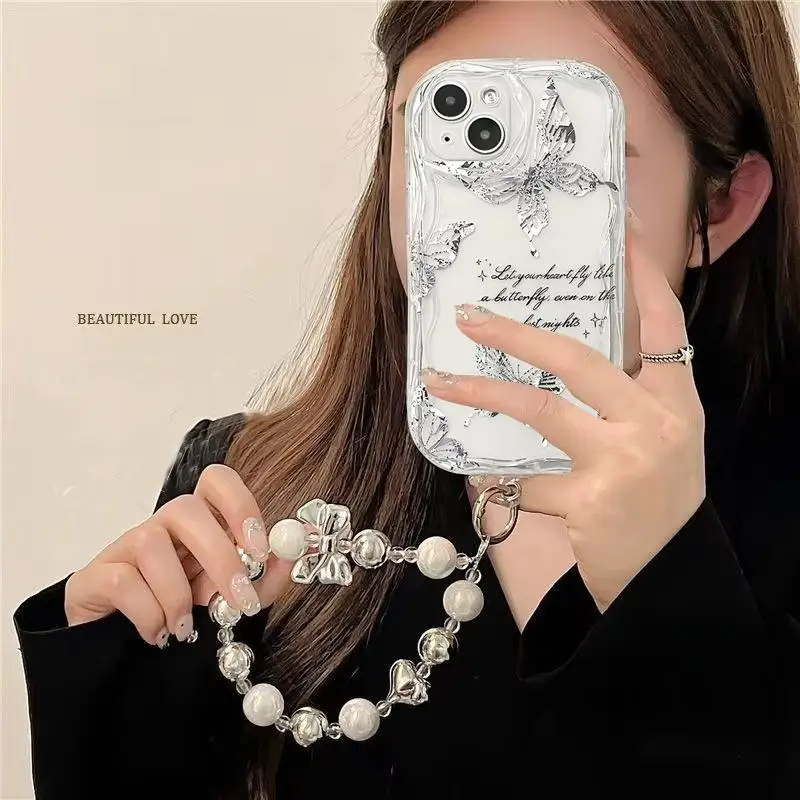 Silvery Butterfly Chain Phone Case For Samsung Galaxy S24 S23 S22 S21 Plus Ultra S23FE S21FE S20FE A12 Cover Love Heart Wrist