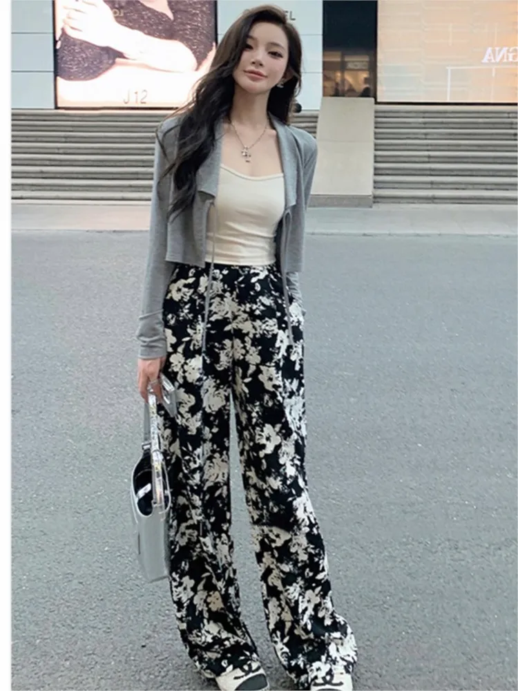 Summer Women Chiffon High Waist Loose Straight Trousers Female Wide Leg Pants Elastic Waist Pants Pockets sweatpants oversized