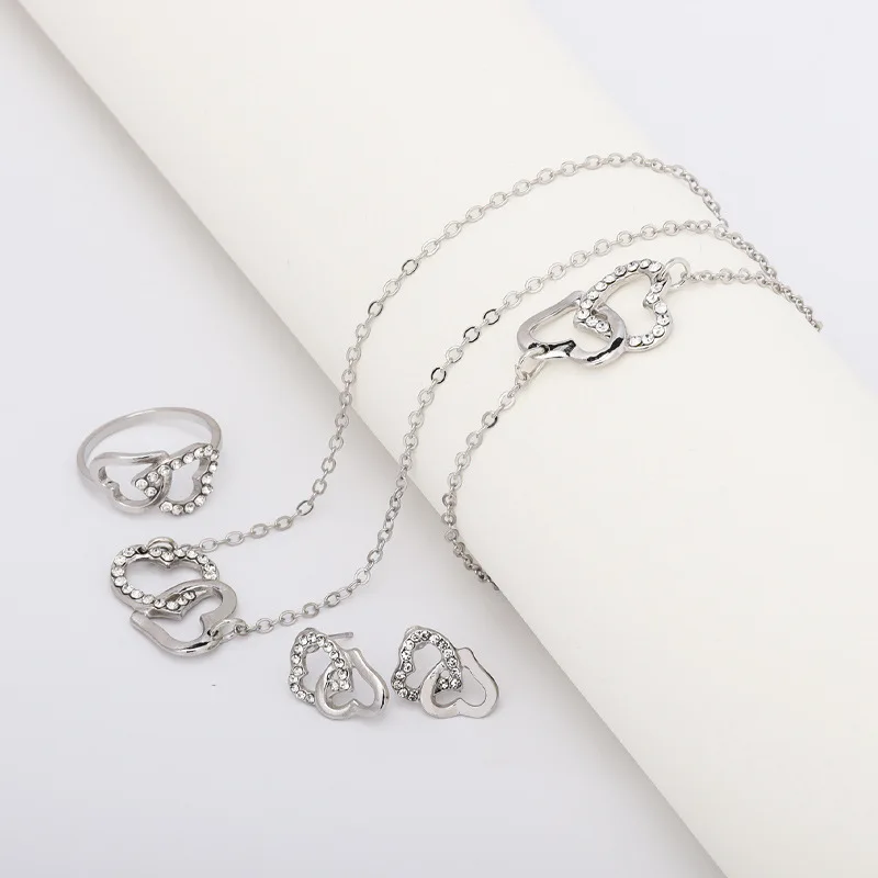 

Double Heart Jewelry Set 4-Piece Necklace Bracelet Earrings Adjustable Set Minimalist Gold Plated Gift for Women valentine's day