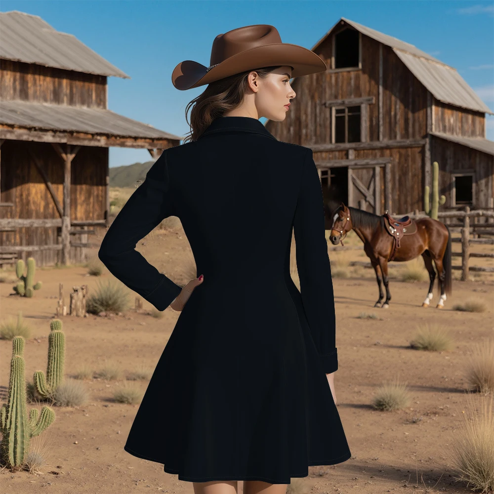 Abito da donna vintage in stile occidentale Abito punk nero fresco con bottoni aderenti in vita e gonna svasata Elegante abito casual floreale a maniche lunghe