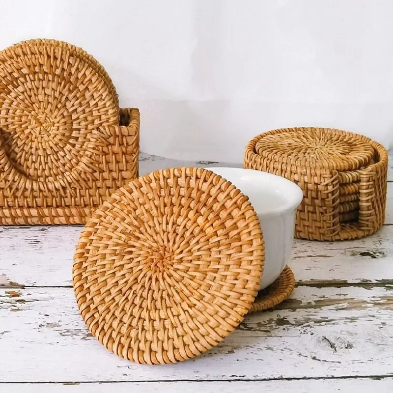 Natural Rattan Round Cup Mat Hot Pad Hand Woven Hot Insulation Placemats  Kitchen Decoration Table Padding Mat Pad Accessories