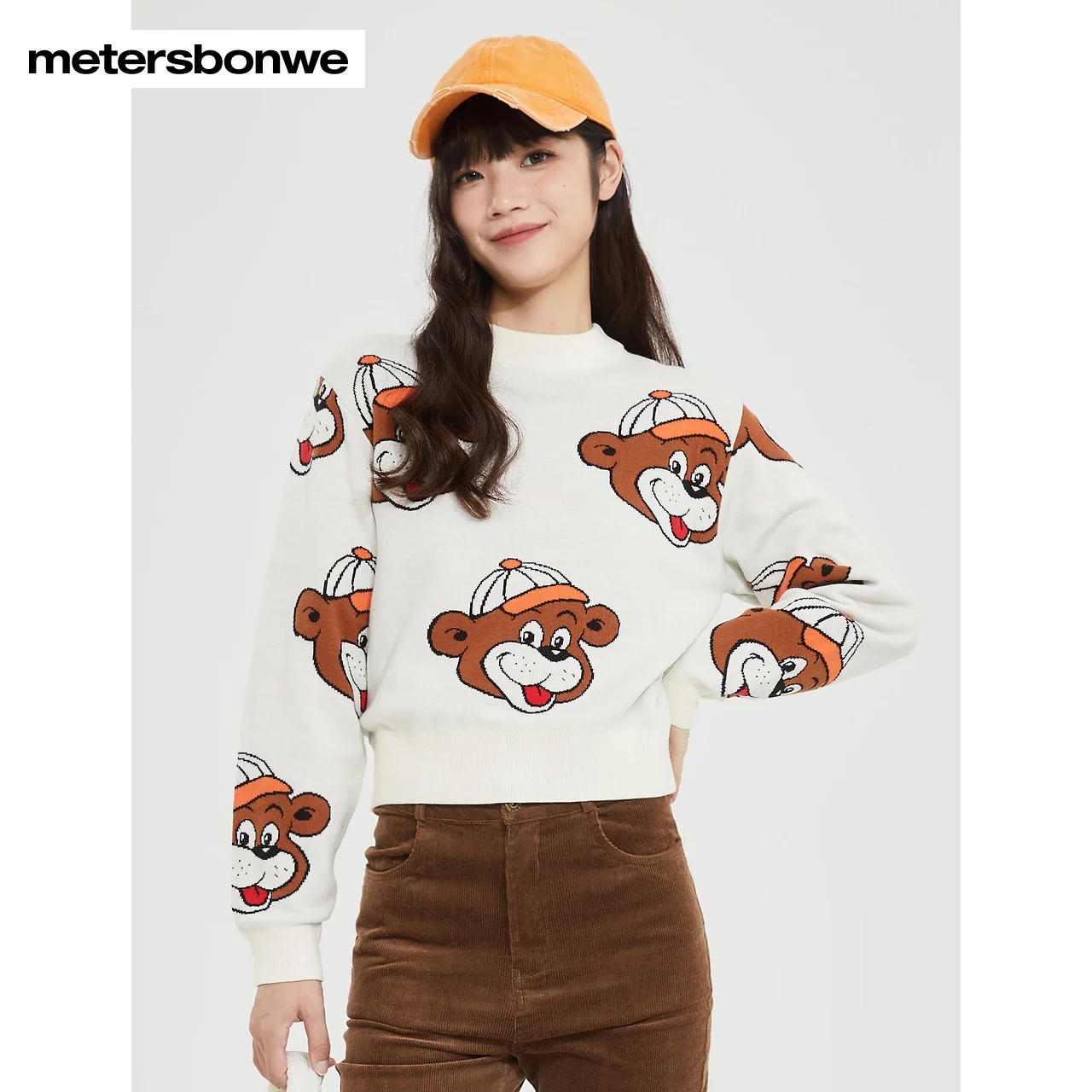 

Metersbonwe-Women's Long Sleeves Sweater Cartoon Printing Short Fashion Round Collar Pullover Sweet Vitality Girl Style Autumn