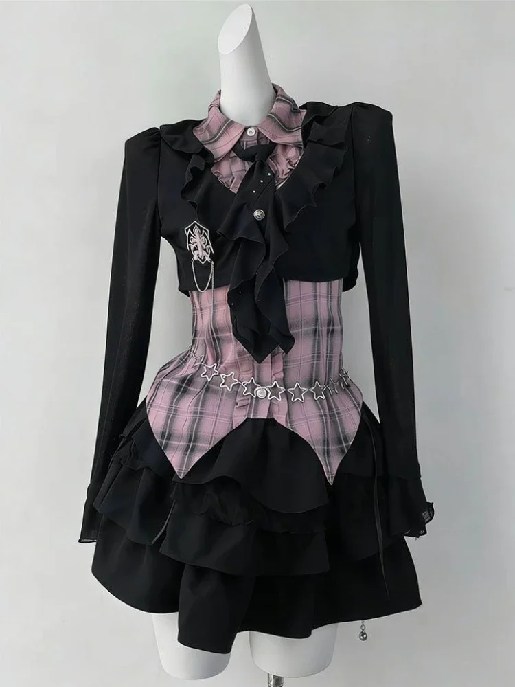 Harajuku Retro Y2K Gothic Women 2 Piece Set American Vintage Slim Crop Top Blouse + Irregular Dress Korean Street Trendy Outfit
