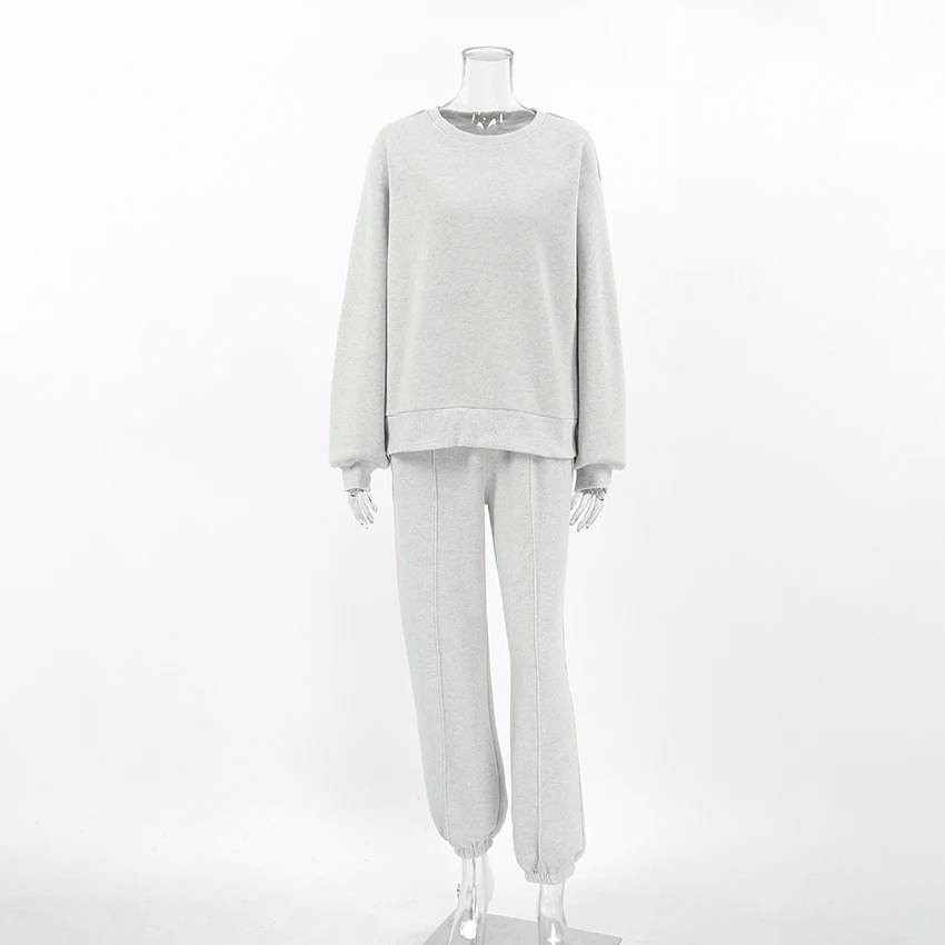 InsLucky-Ensemble de dehors Décontracté pour Femme, Haut Court à Manches sulfet Pantalon de Survêtement à Col Rond, Gris Uni, Automne, 2 Pièces