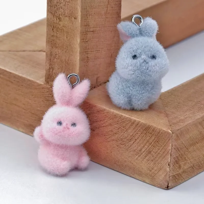 

20PCS Diy 3D Flocking Resin rabbit Charms Animal Plush Doll Pendants for Keychain earring Crafts Jewelry Making Accessories