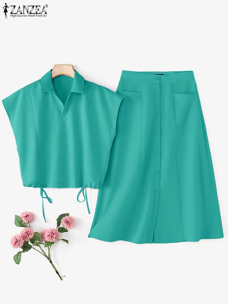 

OL Dress Sets Solid Short Sleeve Lapel Neck Blouse Long Skirts Women Vintage 2pcs Matching Sets Casual Outfits ZANZEA 2025 New