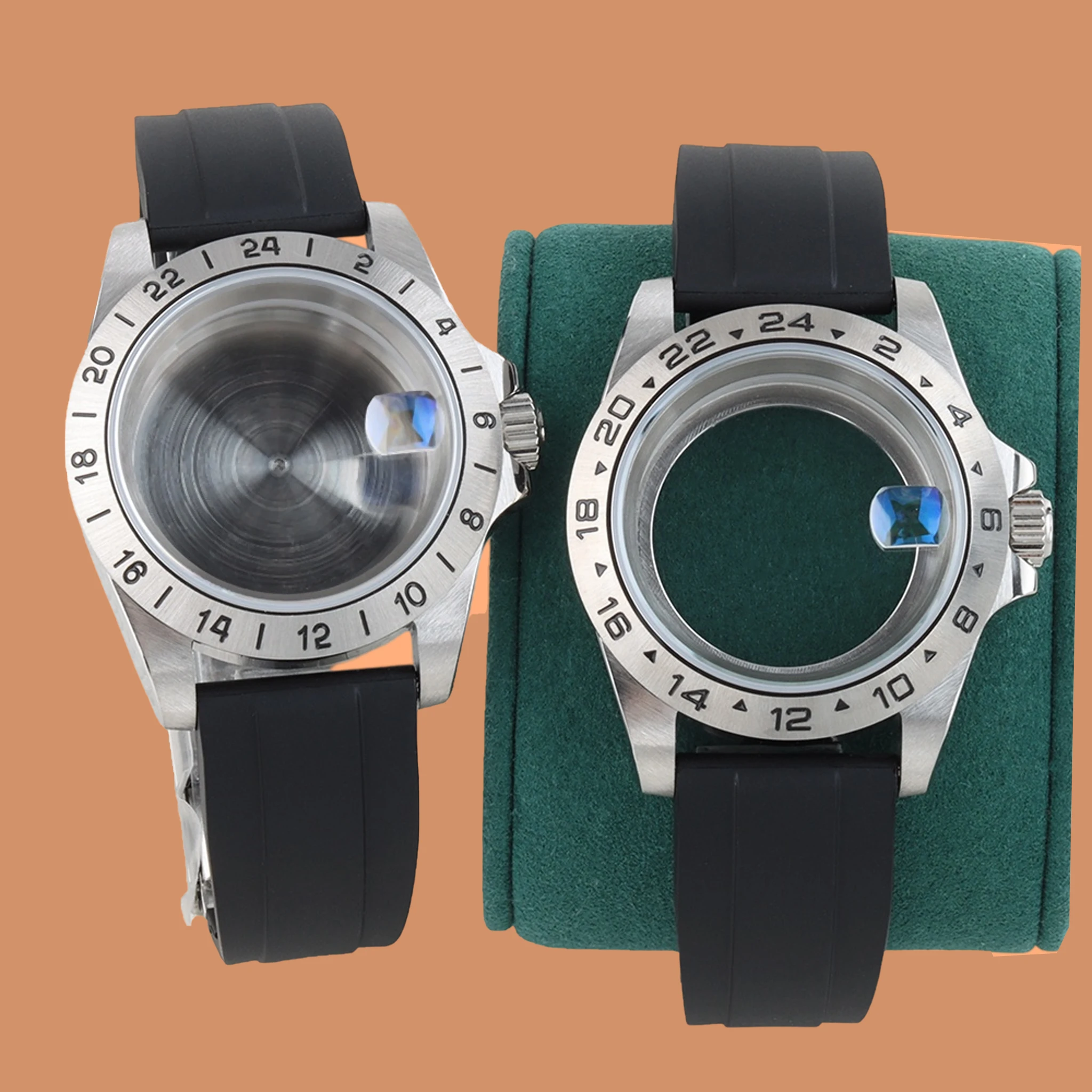NH35 Case 39mm Fit Explore 24 Hours GMT Soild Bezel Case Waterproof Rubber Strap For NH35 NH36 Automatic Movement 28.5MM Dial