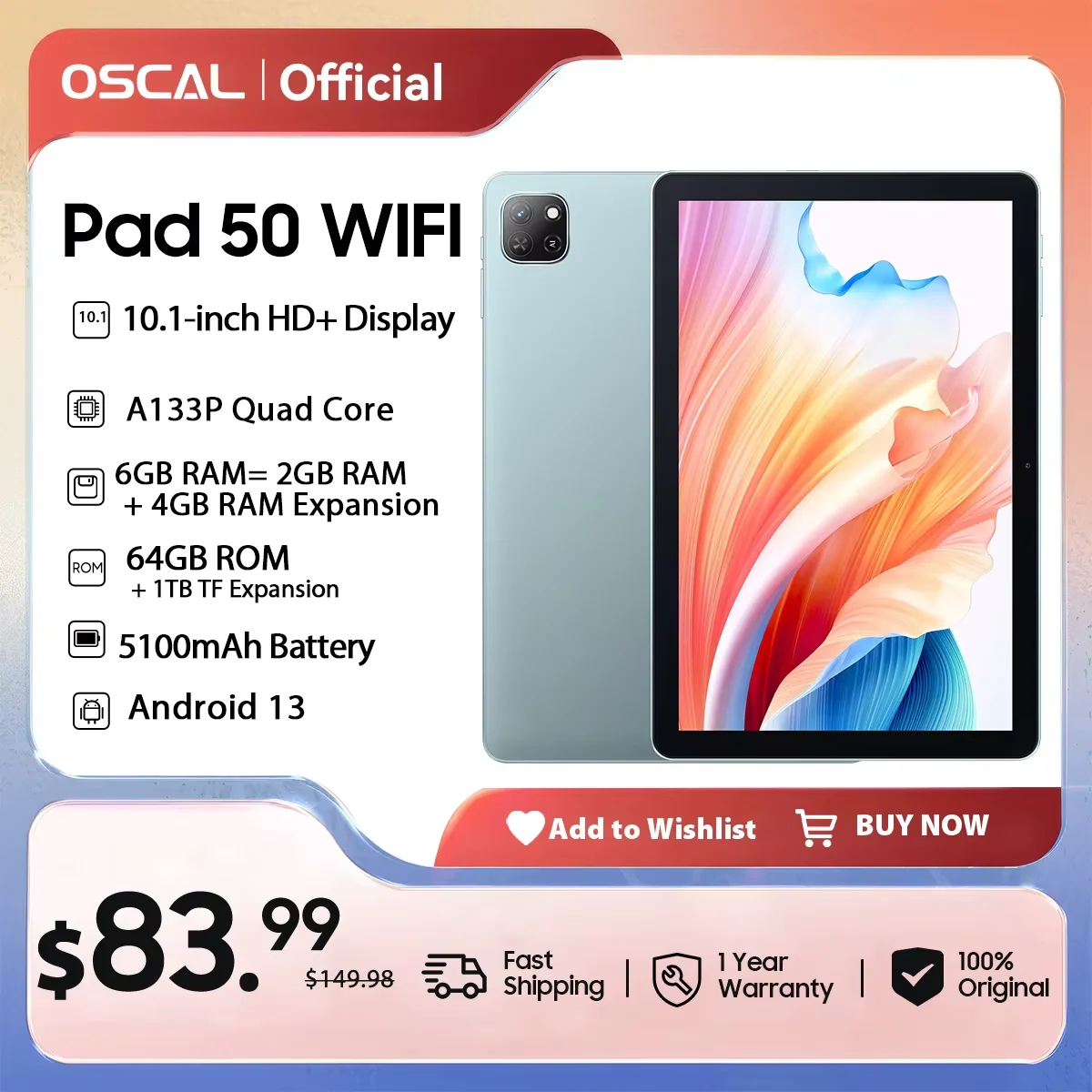 OSCAL Pad 50 WIFI Tablet PC 10.1\'\' HD Display 6GB 64GB 5100mAh A133P Quad Core Dual Speaker Android 13 Blackview Tablets WIFI