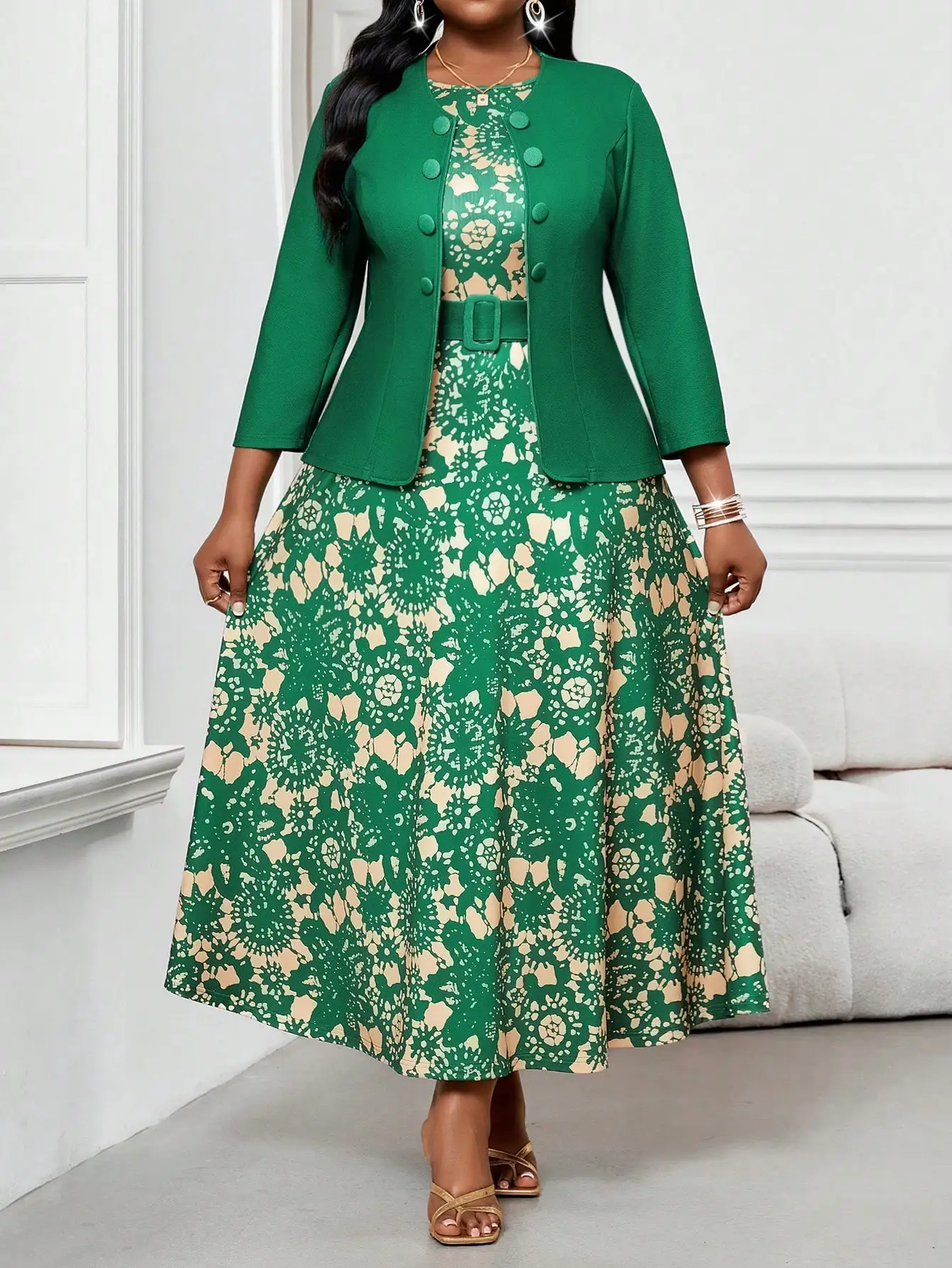

Emerald Green 2-Piece Midi Dress Set with Abstract Print and Belted Waist