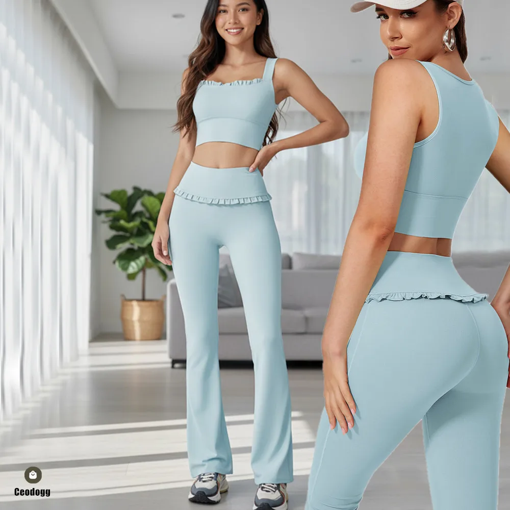 

2Pcs Lotus Gym Yoga Set Women Sportswear Workout Sports Bra Crop Top High Waist Tight Gym Leggings Flare Pants Active Wear XP381