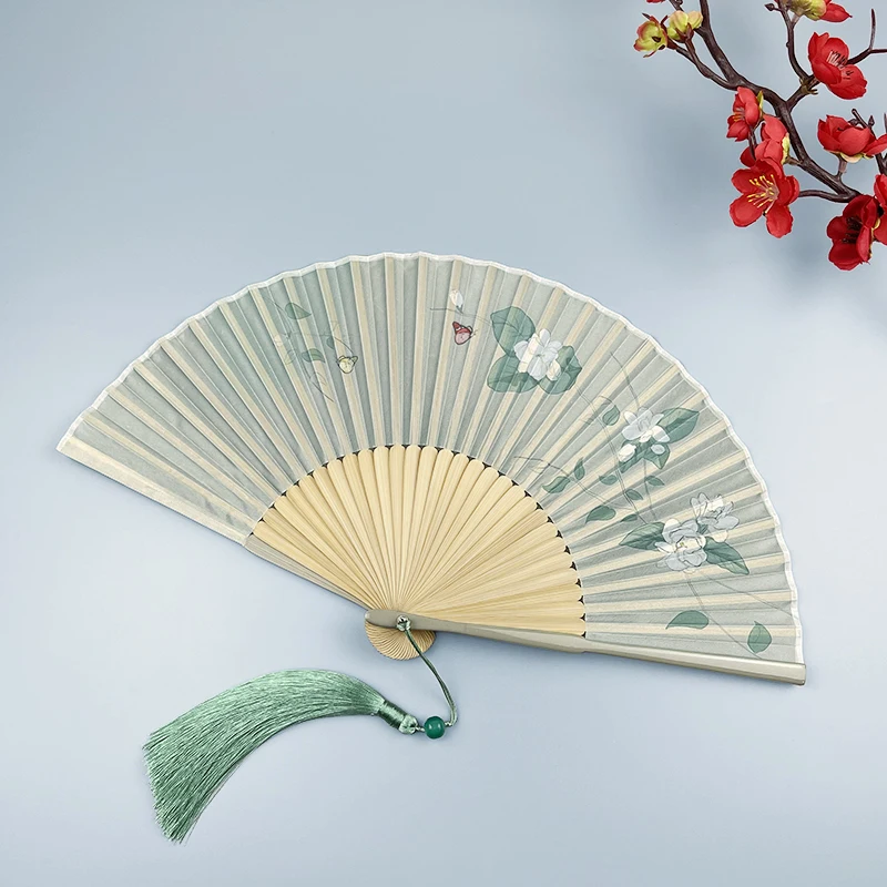Estilo antigo ventilador dobrável estilo chinês verão portátil antigo bandeira hanfu dobrável pequeno ventilador de bambu gardênia flor dança fa