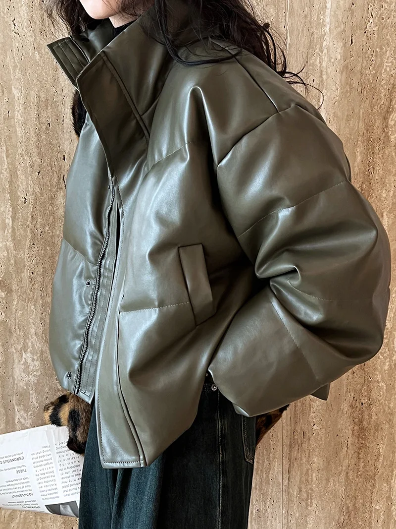 Winter New Brown PU Leather Cotton Down Coat Women's Thicken Stand Collar Japanese Korean Leisure Loose Style Down Coat