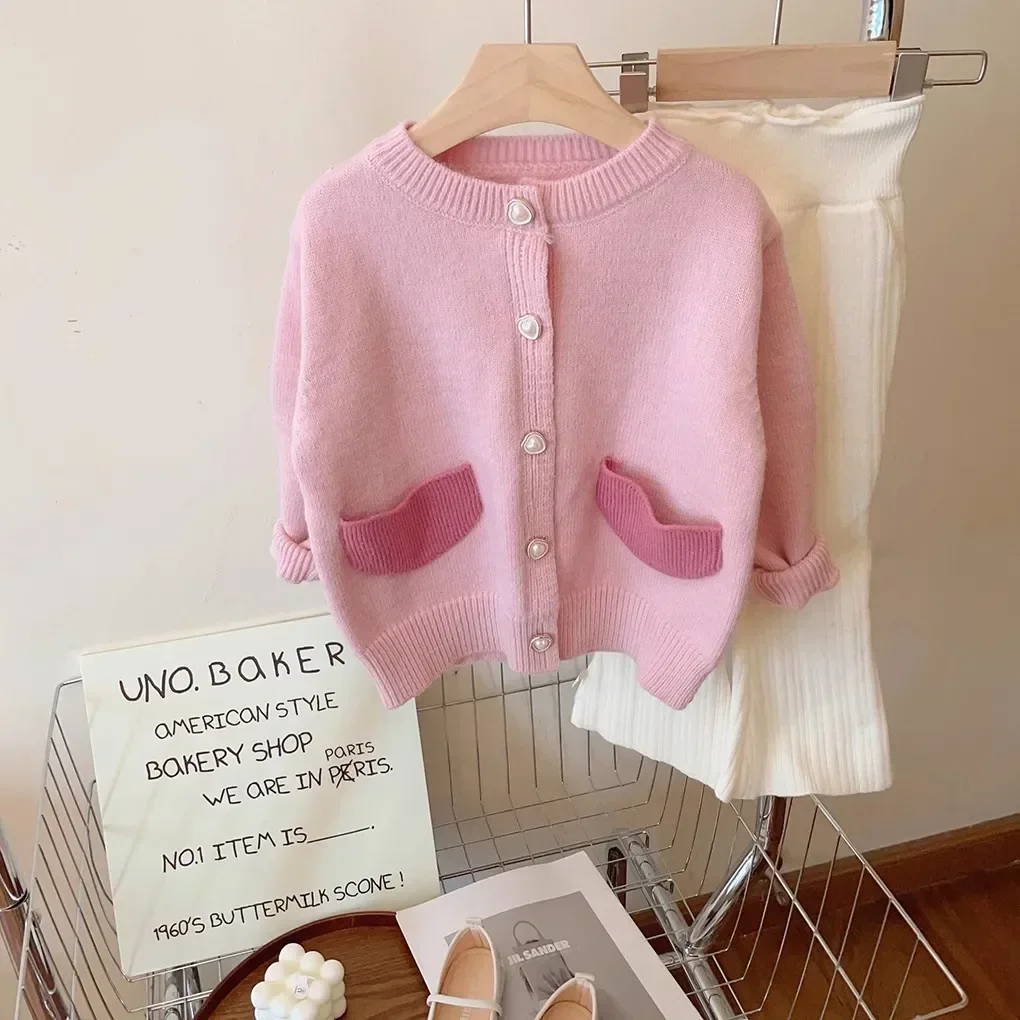 4630 Buy 2pcs Wholesale Girls Cardigan Sweater Coat Autumn 2024 New Sweet Pink Love Sweater Or Girl's Knitted Pants