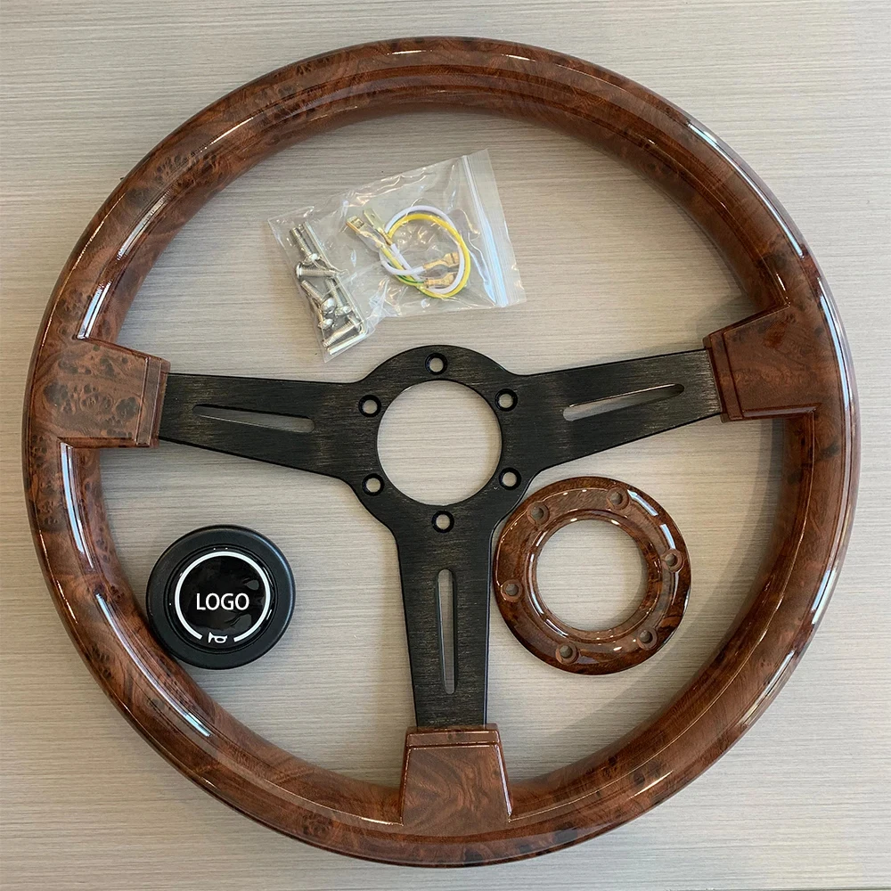 Imitation Solid wood Wood Film Steering Wheel 350mm Classic Vintage Wooden Steering Wheel