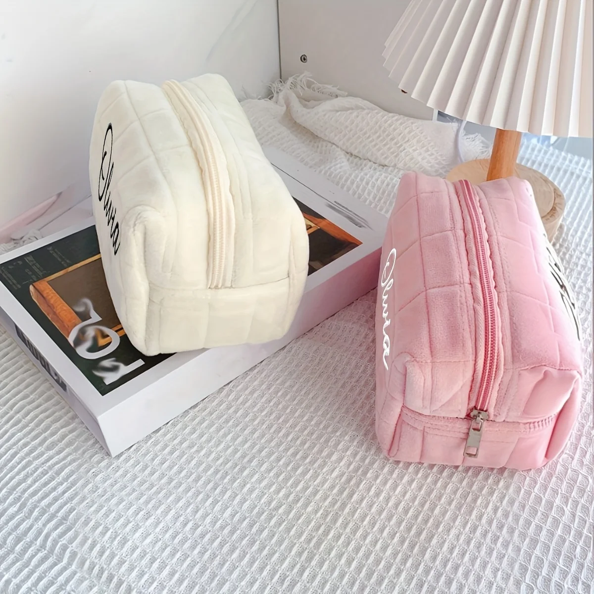 Embroidered name Women's Zipper Makeup Organizer Customized Text Handbag Solid Fur Cosmetic Storage Bag Travel Daily Makeup bag