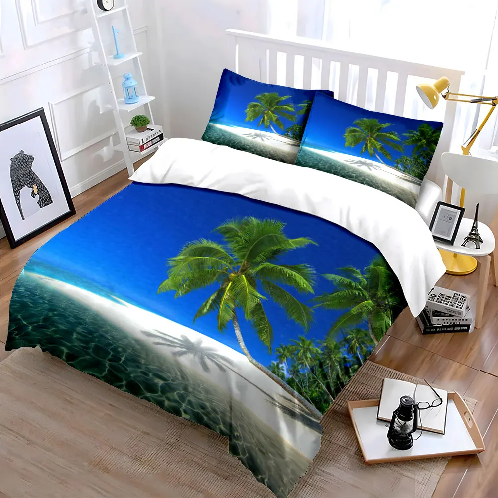 Tropical beach palm trees clear water Bedding Set for Kids Luxury Gift 3pcs Digital Print Comforter Set Soft Comfortable