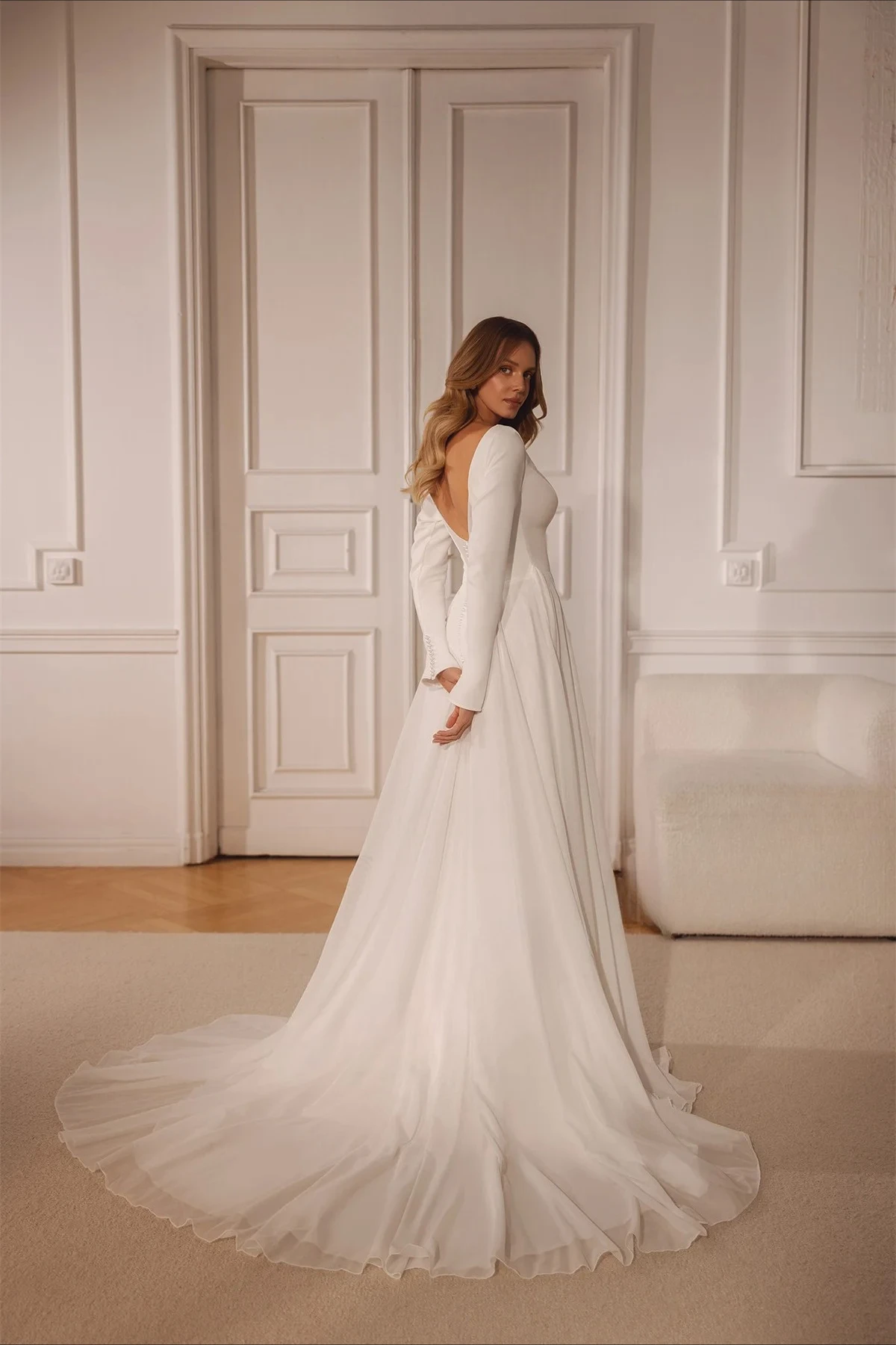 Customized Sleek Lightweight Chiffon Bridal Attire Deep V Plunge Torso Full Pearl Detailed Rear Voluminous Gentle Wedding
