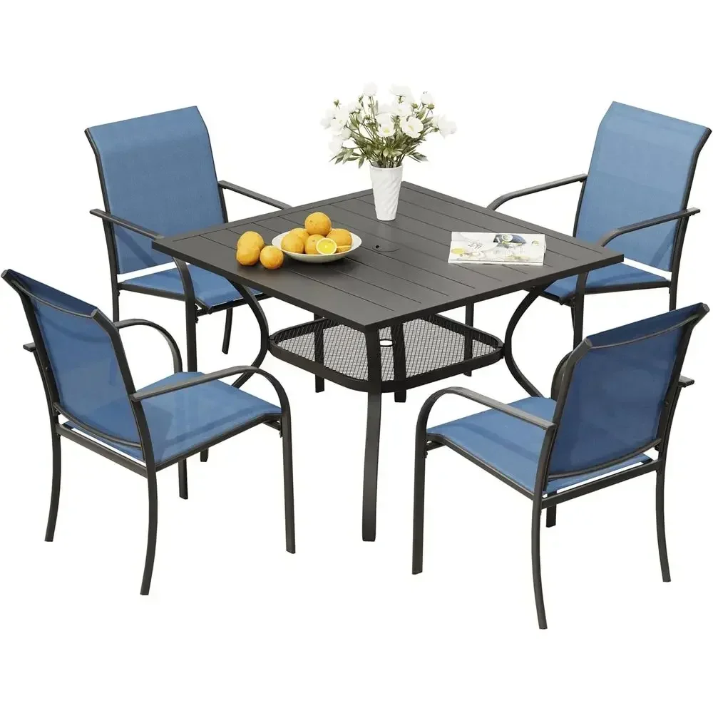5-Piece Patio Dining Set with Blue Stackable Chairs and Black Metal Square Table with Storage