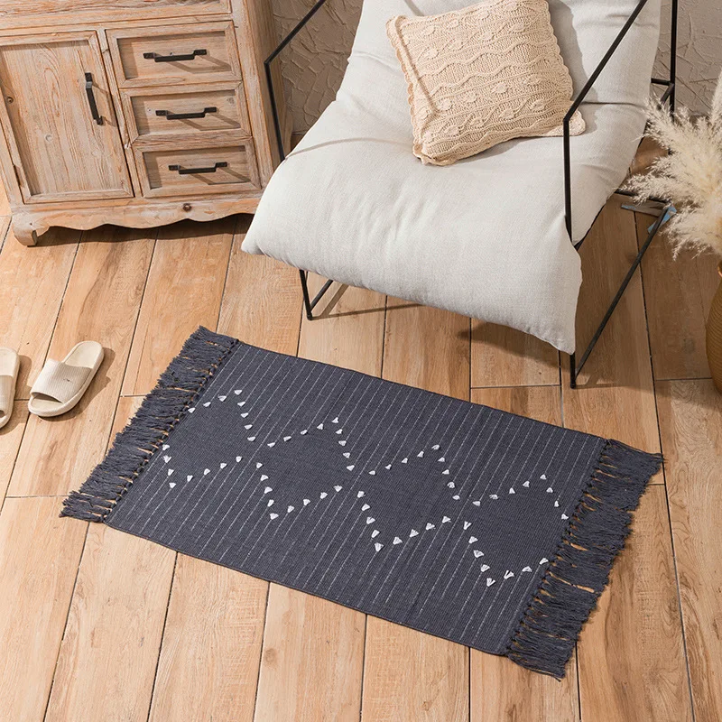 Nordic katoenen linnen bloem gesneden tapijt, grote print kwastje mat, slaapkamer nachtkastje bedmat, woonkamer, wit en zwart