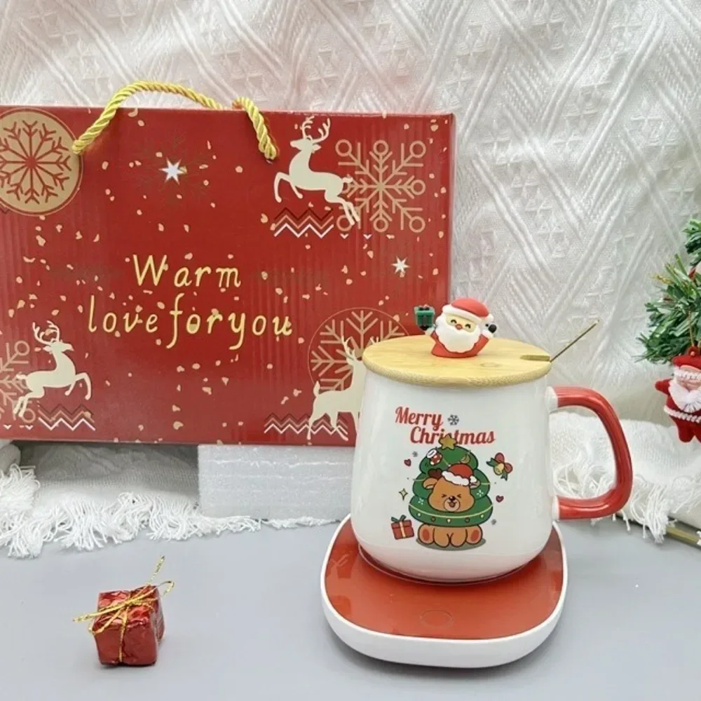 New Christmas Gifts Kit Wooden Lid 55℃ Merry Santa Claus Pattern Ceramic Mug Snowman Warm  Teaspoon for Office Home Use