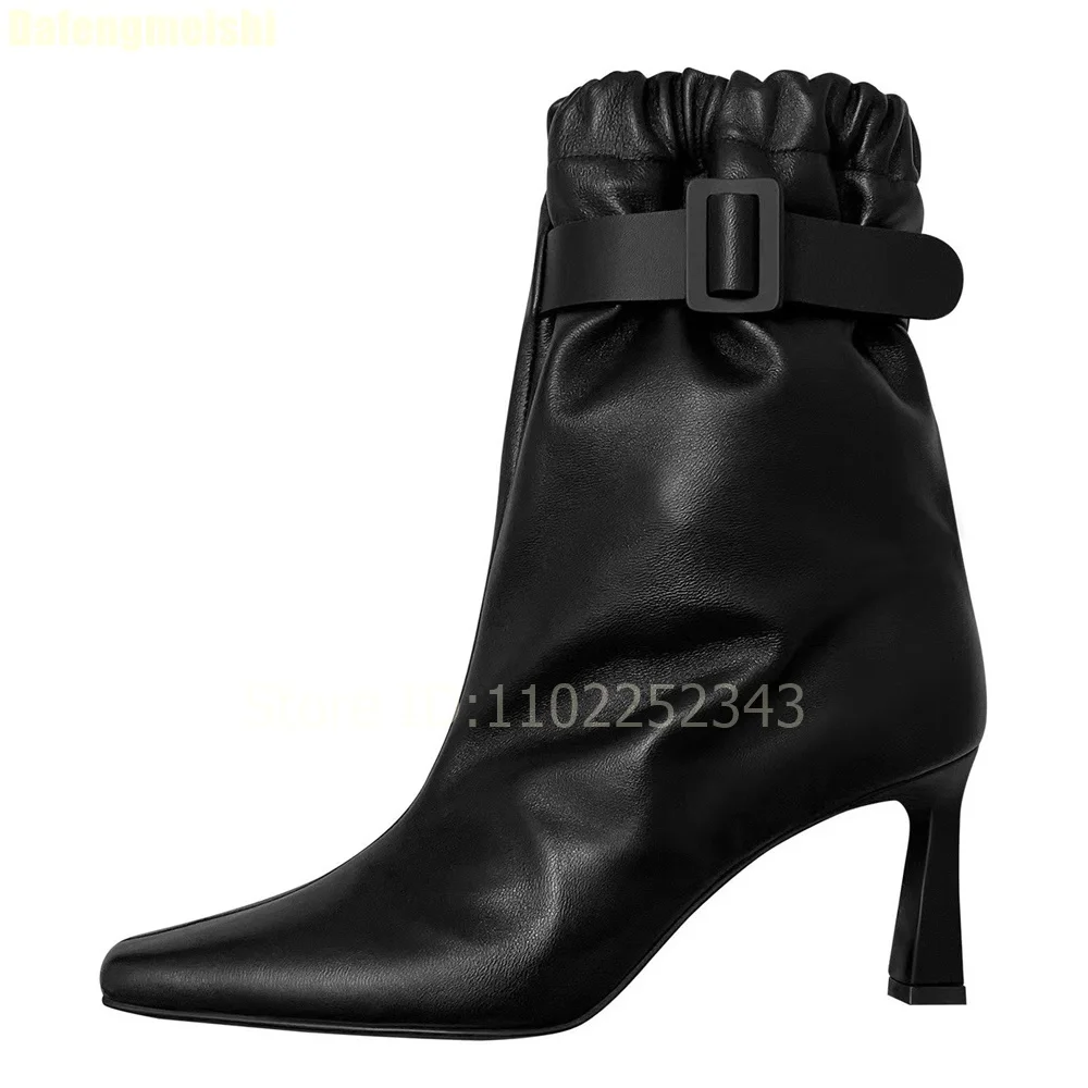 

2025 New Fashion Solid Color Short Boots Ankle Belt Buckle Elastic Band Mid Heel Boots Thin Heel Pointed Toe Leather Shoes Boots
