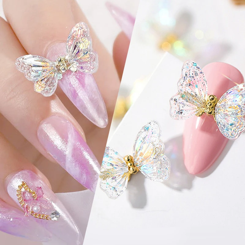 Glitter Auroras Butterfly Nail Art Decorations Acrylic Butterfly Wings Sparkle Ice Translucent Nail Art Manicure Accessories