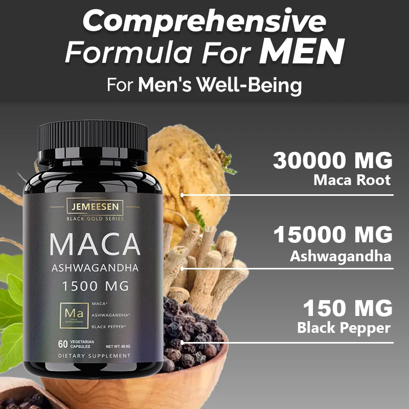 JEMEESEN - Suplemen Peningkat Pria - 500 mg Ashwagandha 1000 mg Akar Maca - Stamina & Energi, Kualitas Keseluruhan Pria