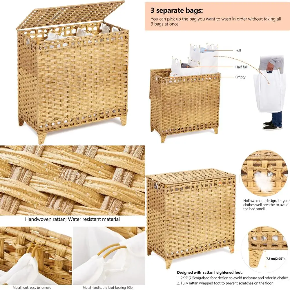 Корзина для белья ручной работы из ротанга с 3 съемными сумками-вкладышами, вместительностью 132 л, крышкой и завышенными ножками для улучшенного хранения