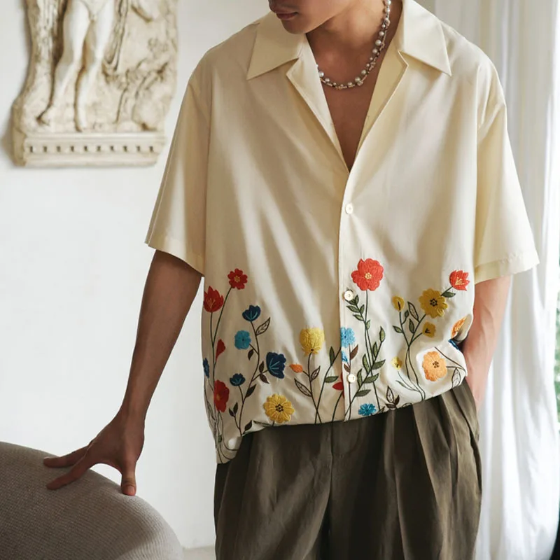2026 Summer Men's Casual Short Sleeve Hawaiian Shirt Lapel Fashion Flower Retro Shirt