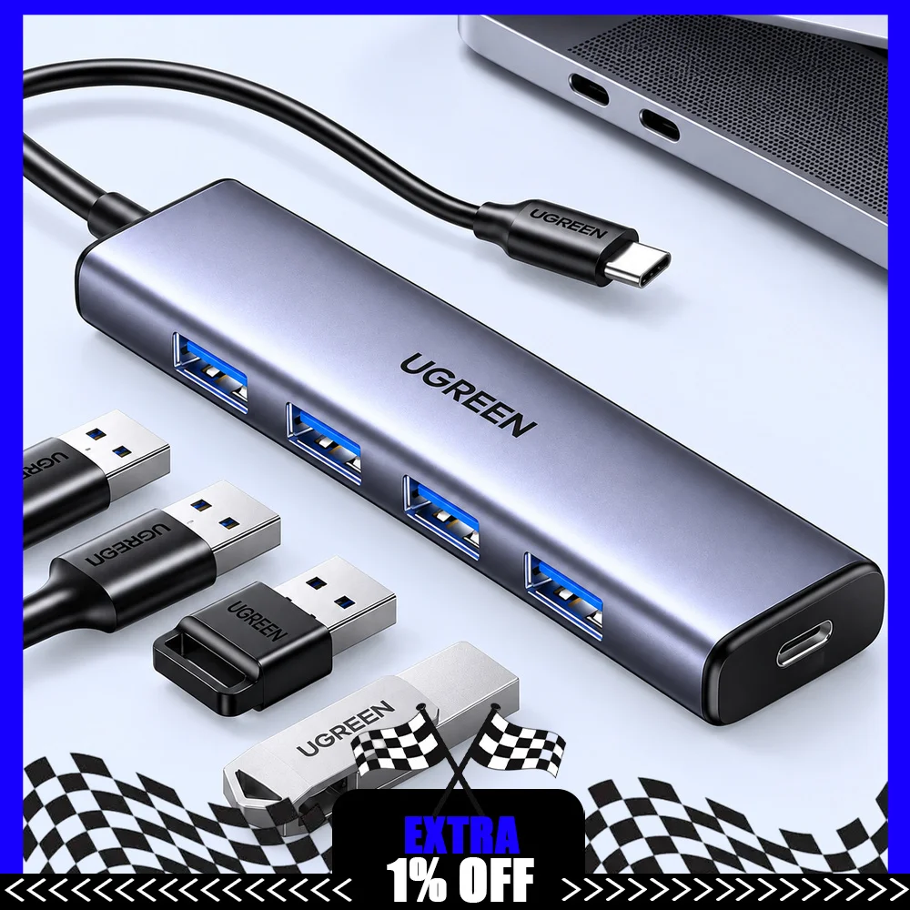UGREEN CM858 65804 4-Port USB 3.0 Hub, USB-C to 4 USB-A 5Gbps Adapter, Aluminum Alloy, 0.2m Cable, USB-C 5V Power Input