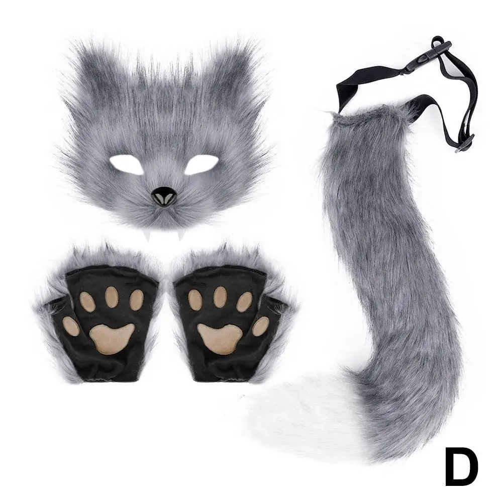 Fluffy Fur Tail Mask Gloves Cat Paws Gloves And Wolf Therian Mask Set For Halloween Cosplay Costume Accessories Mask Sets G1N7