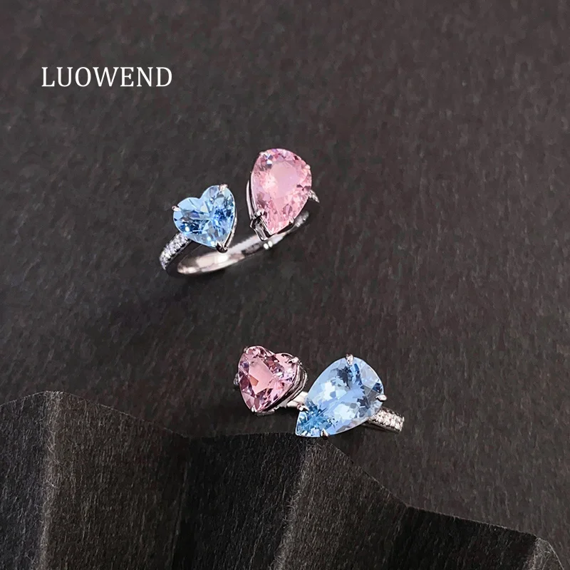 Anillos LUOWEND 100% Oro Blanco de 18K, Estilo Romántico de Lujo, Anillo Brillante con Diamantes y Piedras Preciosas Naturales de Aguamarina y Morganita para Mujer